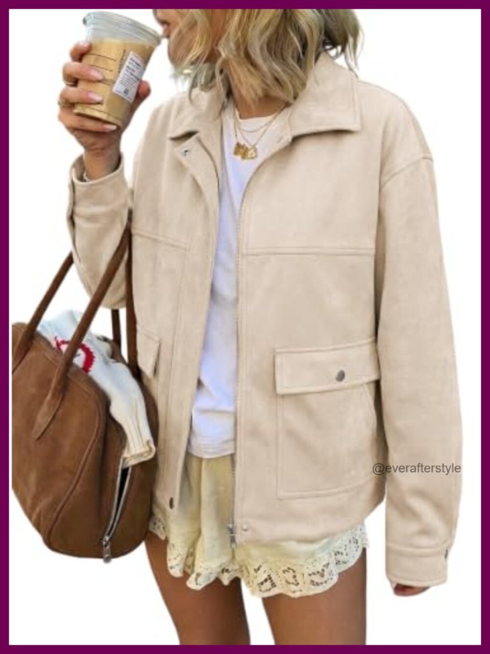 Womens Faux Suede Bomber Jacket Fall Loose Fit Zip Up Casual Coat